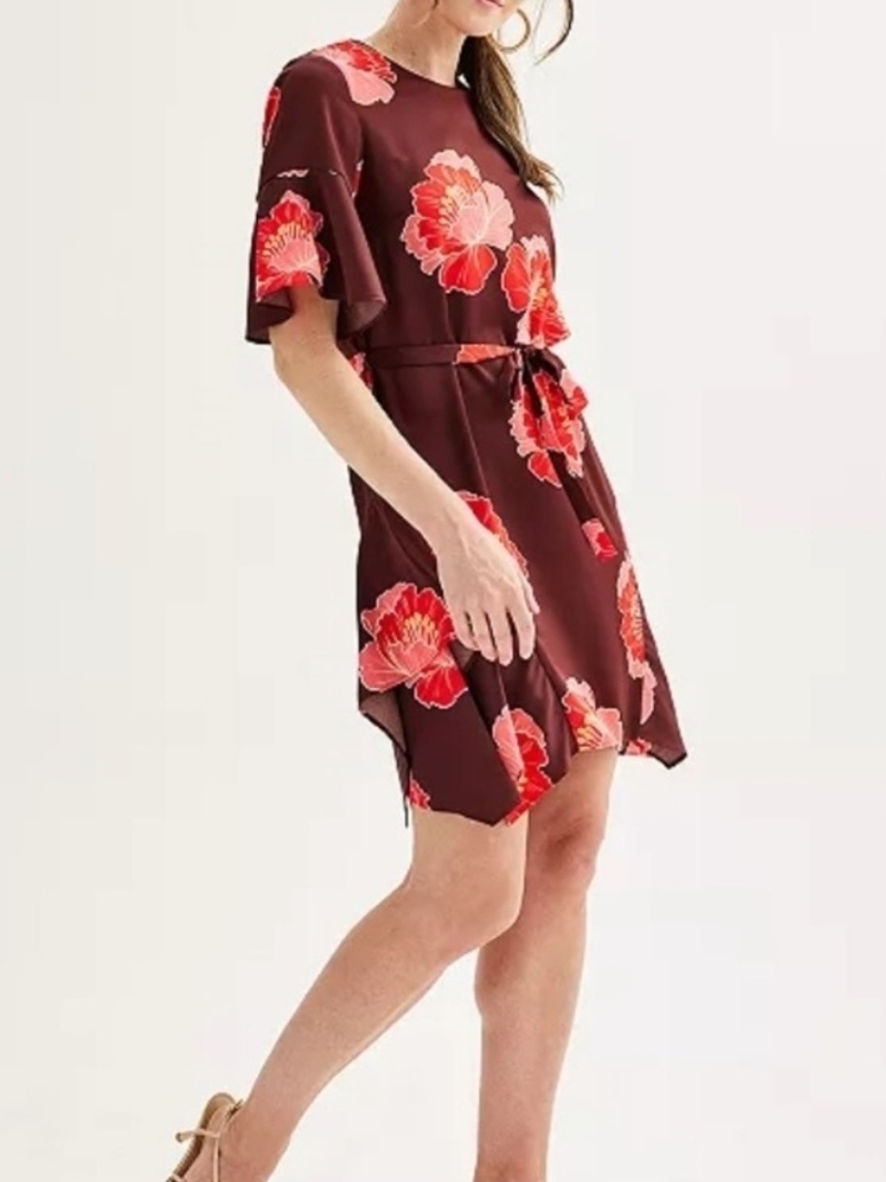 Nicole Miller Brown Midi Dress with Pink Floral Print